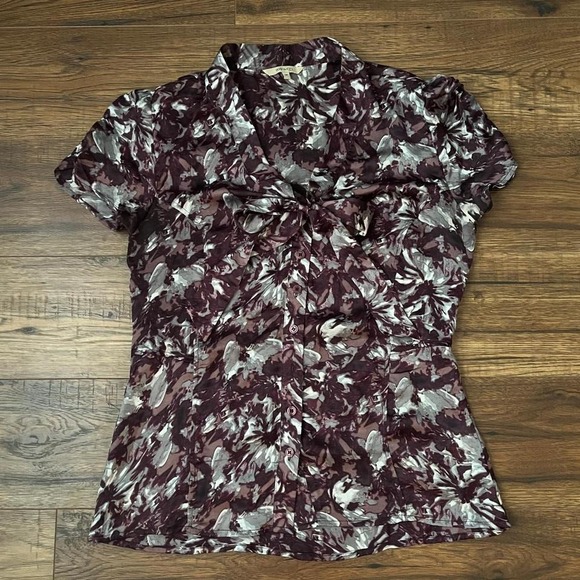 Tops - RW&CO Purple Floral Print Short Sleeve Satin Blouse Bow Women Small Boho Cottage